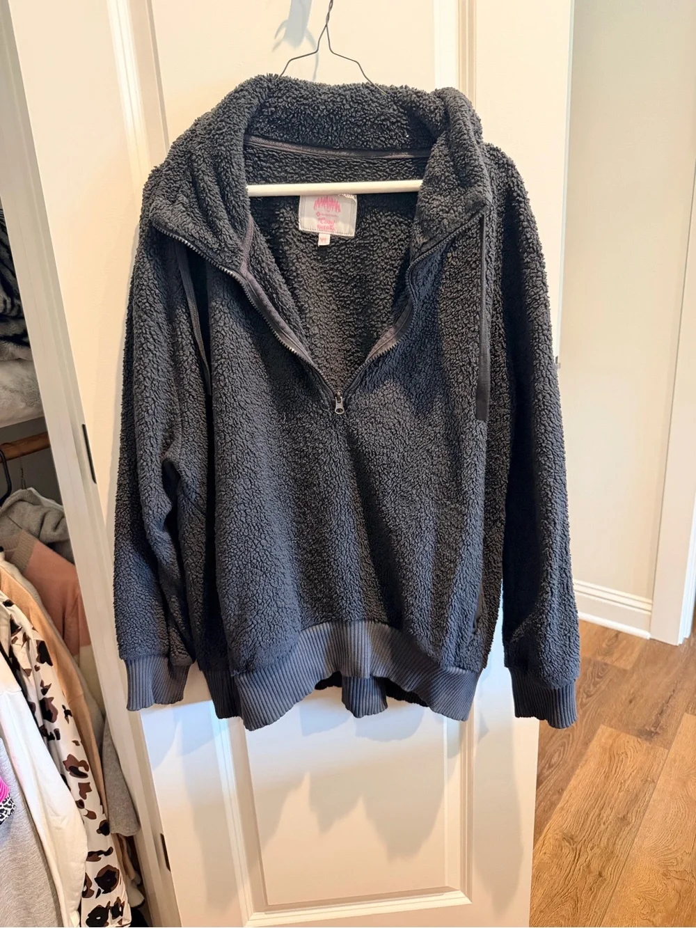 Cozy Charcoal Sherpa Cowl-Neck Pullover Sweater